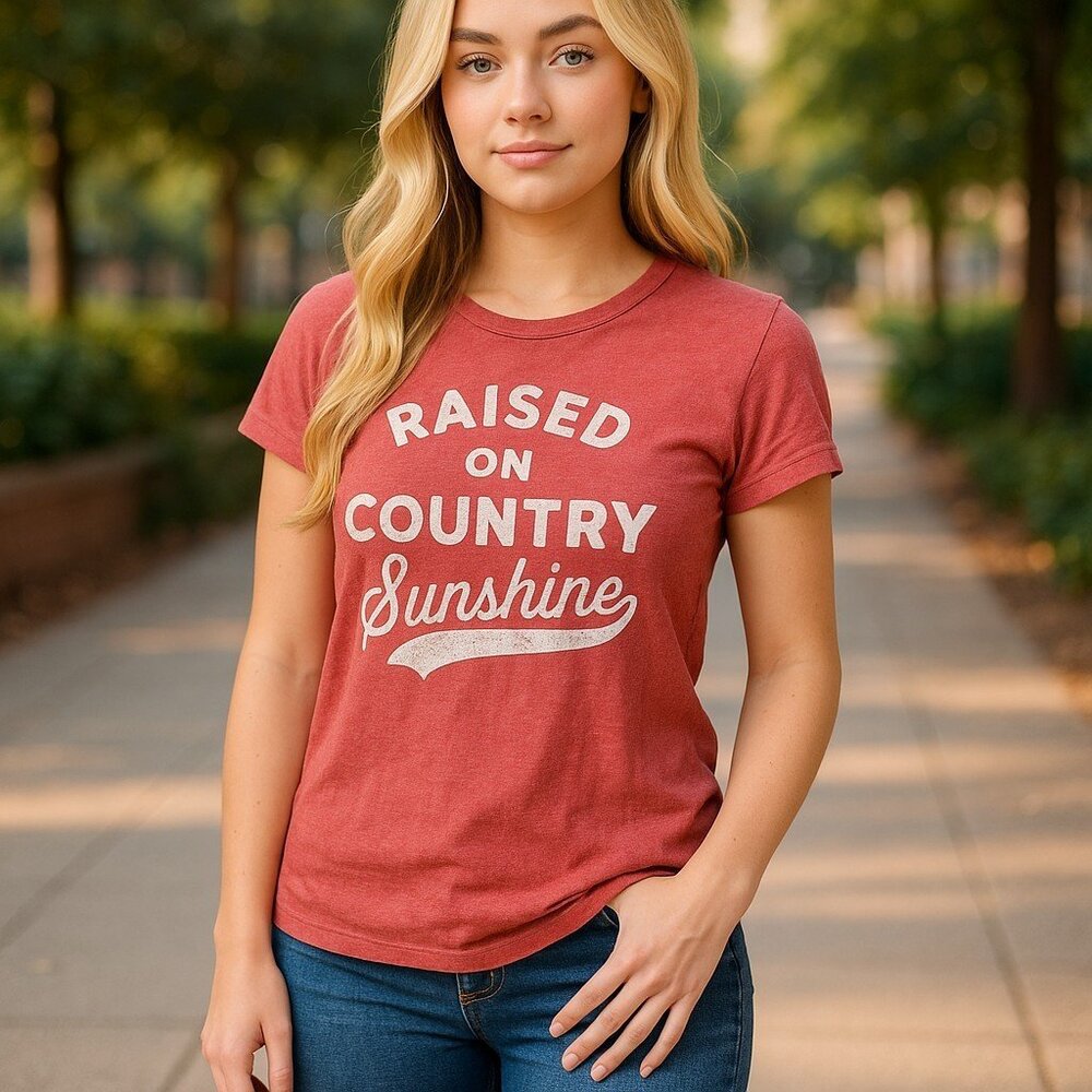 Instant Message Raised on Country Sunshine Distressed T-shirt Medium Burgundy - Picture 10 of 14